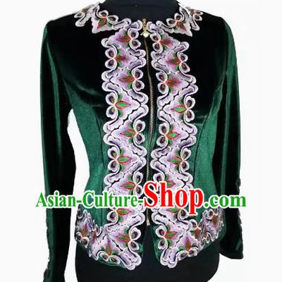 Dark green Chinese Xinjiang dance gold velvet inlaid flower top women performance costume