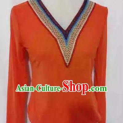 Orange China Xinjiang Dance Costume Stretch Mesh T-shirt Bottoming Shirt Long Sleeve Slim Fit
