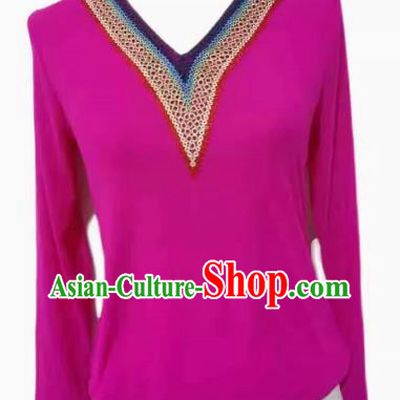 Rose Red China Xinjiang Dance Costume Stretch Mesh T-shirt Bottoming Shirt Long Sleeve Slim Fit