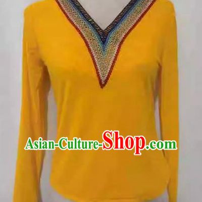Yellow China Xinjiang Dance Costume Elastic Mesh T-shirt Bottoming Shirt Long Sleeve Slim Fit
