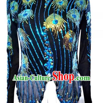 Blue Chinese Xinjiang dance costume mini pointed vest double-layered t-shirt sequined phoenix tail high elastic shiny four seasons