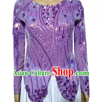 Purple Chinese Xinjiang Dance Dress Mini Sharp Horn Vest Double Layer T-shirt with Sequin Phoenix Tail High Elastic Shining Four Seasons