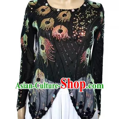 Black Chinese Xinjiang Dance Dress Mini Sharp Horn Vest Double Layer T-shirt with Sequin Phoenix Tail High Elastic Shining Four Seasons