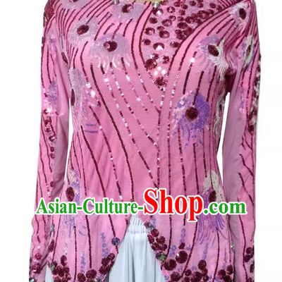 Pink Chinese Xinjiang dance costume mini pointed vest double-layered t-shirt sequined phoenix tail high elastic shiny four seasons