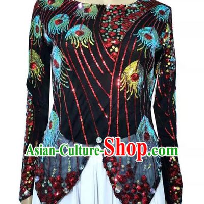Black Chinese Xinjiang dance costume mini pointed vest double-layered t-shirt sequined phoenix tail high elastic shiny four seasons