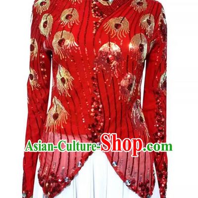 Red Chinese Xinjiang dance costume mini pointed vest double-layered t-shirt sequined phoenix tail high elastic shiny four seasons