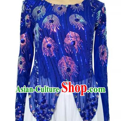Sapphire blue China Xinjiang dance costume mini pointed vest double-layered t-shirt sequined phoenix tail high elastic shiny four seasons