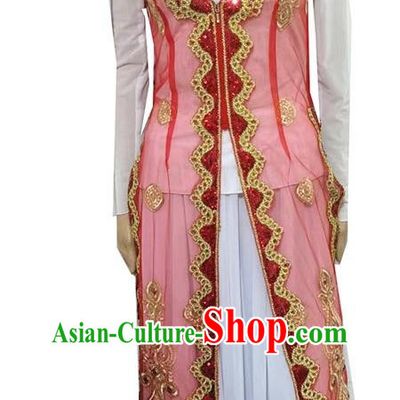 Red China Xinjiang Dance Costume Transparent Embroidered Tail Long Vest