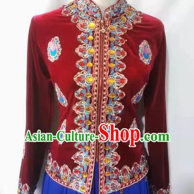 Burgundy Chinese Xinjiang dance stage performance with gold velvet top