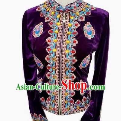 Purple Chinese Xinjiang dance stage performance with diamond velvet top