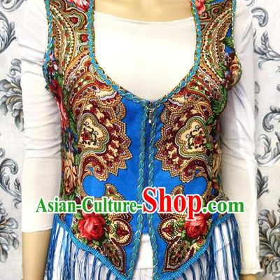 Blue China Xinjiang Dance Women Vest Maixi Lapu Ethnic Style Printed Vest