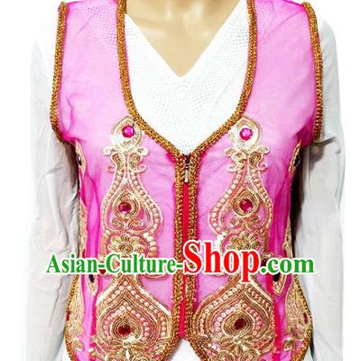 Rose red Chinese Xinjiang dance sari see-through heavy industry inlaid gemstone new short vest