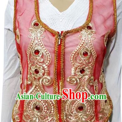 Red China Xinjiang Dance Sari See-through Heavy Industry Inlaid Gemstone New Short Vest