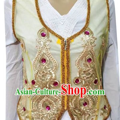 Light yellow Chinese Xinjiang dance sari see-through heavy industry inlaid gemstone new short vest