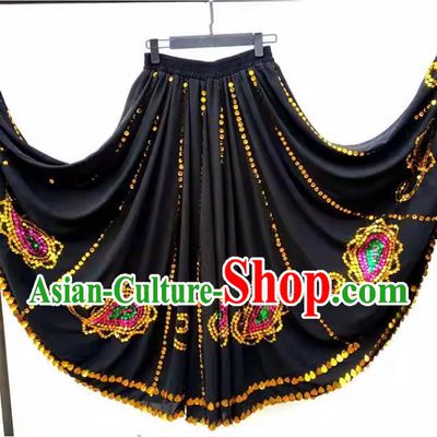 Black China Xinjiang Dance Uyghur Maixi Laipu Stage Square Dance Ethnic Characteristics Purely Handmade Sequined Swing Skirt