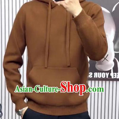 Men Woolen Knitted Sweater Brown Hoodie Jacket Top Grade Sweater