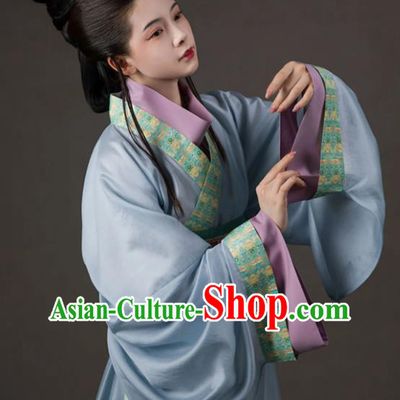China Traditional Hanfu Blue Dress Eastern Han Dynasty Young Woman Xiao Qiao Clothing Ancient Imperial Consort Replica Costumes