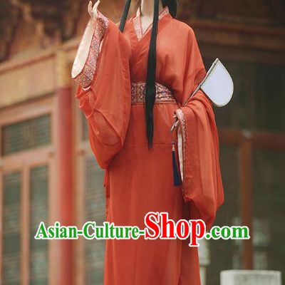 Chinese the Warring States Period Young Woman Red Dress Ancient Court Queen Straight Front Robe Clothing