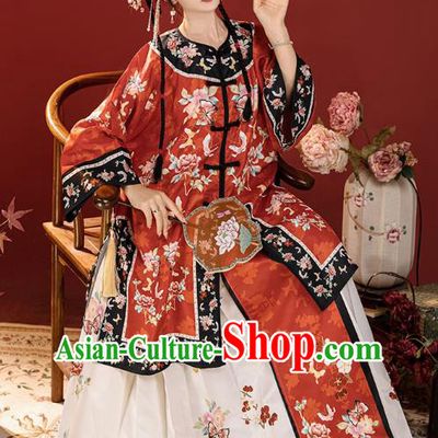 Chinese Ancient Noble Lady Costumes Qing Dynasty Princess Clothing Traditional Embroidered Red Blouse and White Skirt Complete Set