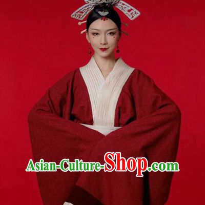 Chinese Classical Dance Red Dress Qin Dynasty Curving Front Robe Ancient Beauty Dance Costumes and Headpieces Complete Set