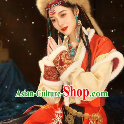 Chinese Traditional Winter Red Dresses Tang Dynasty Young Lady Garment Costumes Ancient Ethnic Princess Clothing