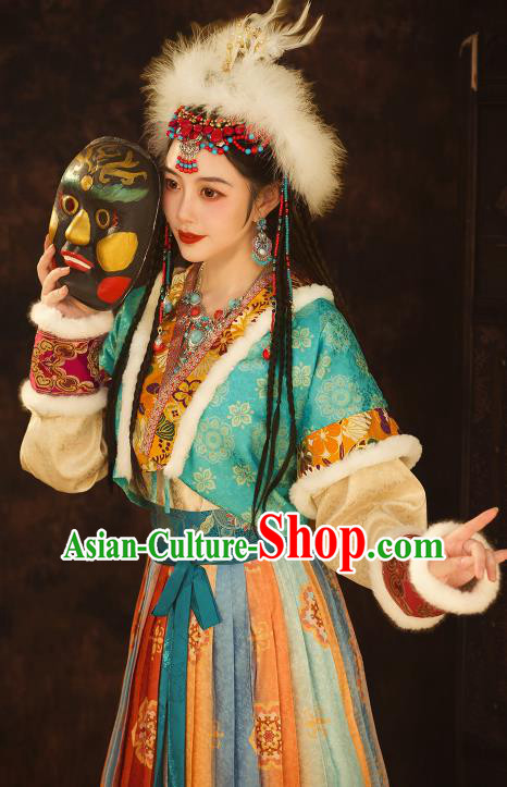 Chinese Ancient Ethnic Princess Clothing Traditional Blue Dresses Tang Dynasty Young Lady Garment Costumes Chinese Ancient Ethnic Princess Clothing Traditional Blue Dresses Tang Dynasty Young Lady Garment Costumes