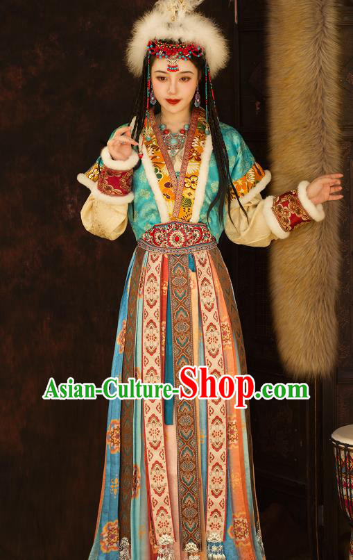 Chinese Ancient Ethnic Princess Clothing Traditional Blue Dresses Tang Dynasty Young Lady Garment Costumes Chinese Ancient Ethnic Princess Clothing Traditional Blue Dresses Tang Dynasty Young Lady Garment Costumes