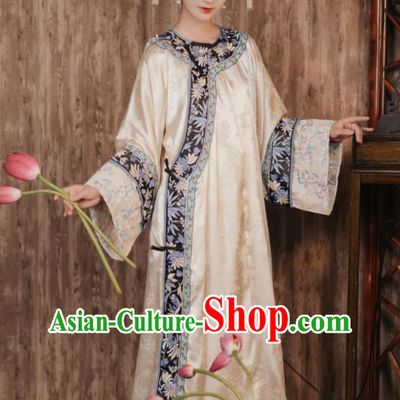 Chinese Qing Dynasty Princess Garment Costumes Ancient Empress Beige Dress Manchu Woman Clothing