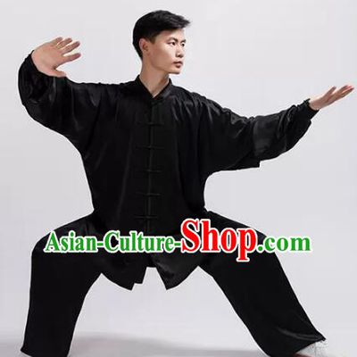 Chinese Black Silk Kung Fu Suit Martial Arts Costumes Tai Chi Uniform For Women For Men