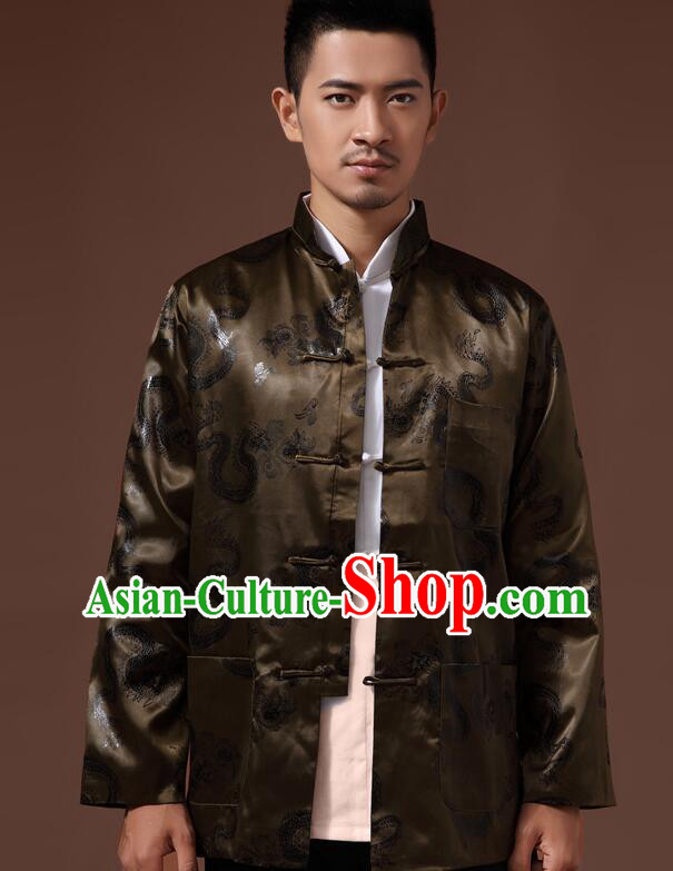 Chinese Handmade Mandarin Blouse Traditional Jacket Atrovirens Brocade Overcoat for Men Chinese Handmade Mandarin Blouse Traditional Jacket Atrovirens Brocade Overcoat for Men