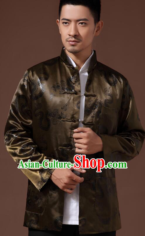 Chinese Handmade Mandarin Blouse Traditional Jacket Atrovirens Brocade Overcoat for Men Chinese Handmade Mandarin Blouse Traditional Jacket Atrovirens Brocade Overcoat for Men