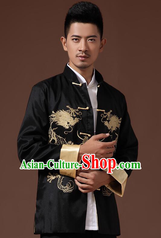 Chinese Embroidered Dragon Overcoat Handmade Mandarin Blouse Traditional Black Jacket for Men Chinese Embroidered Dragon Overcoat Handmade Mandarin Blouse Traditional Black Jacket for Men