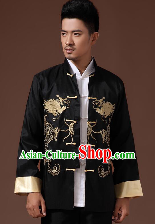 Chinese Embroidered Dragon Overcoat Handmade Mandarin Blouse Traditional Black Jacket for Men Chinese Embroidered Dragon Overcoat Handmade Mandarin Blouse Traditional Black Jacket for Men