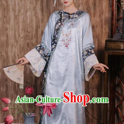 Chinese Ancient Palace Lady Blue Dress Traditional Garment Costume Qing Dynasty Empress Clothing