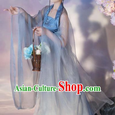 Chinese Traditional Garment Costumes Ancient Flower Fairy Clothing Tang Dynasty Princess Blue Hanfu Dress