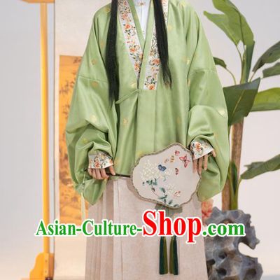 Chinese Ming Dynasty Young Woman Garment Costumes Ancient Princess Green Jacket White Shirt and Beige Skirt Complete Set
