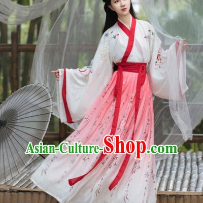 Chinese Ancient Swordswoman Pink Dresses Traditional Hanfu Costumes Jin Dynasty Young Woman Clothing
