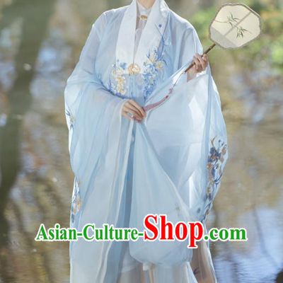 Chinese Ming Dynasty Embroidered Clothing Ancient Court Woman Dresses Traditional Hanfu Blue Long Cape Blouse and Beige Skirt Complete Set