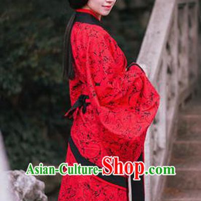 Chinese Ancient Royal Empress Red Dress Hanfu Qu Ju Curving Front Robe Han Dynasty Noble Woman Historical Costume