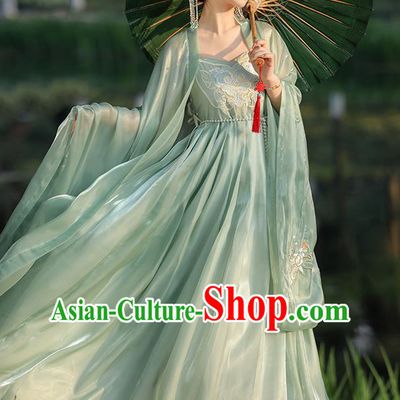 Chinese Tang Dynasty Princess Clothing Ancient Young Woman Costume Traditional Light Green Hezi Dress and Cape Complete Set