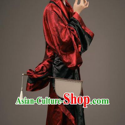 Chinese Han Dynasty Court Woman Costume Ancient Palace Maid Clothing Traditional Han Fu Dark Red Curving Front Robe