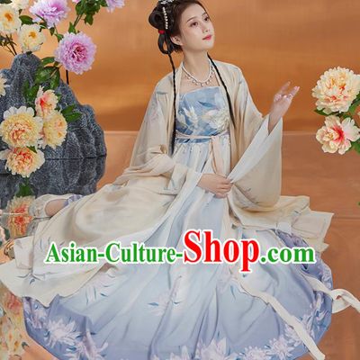 Chinese Tang Dynasty Princess Clothing Ancient Palace Beauty Garment Costumes Traditional Beige Cape and Blue Hezi Dress Complete Set