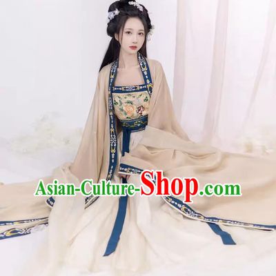 Chinese Hanfu Ru Qun Beige Dresses Ancient Flower Goddess Clothing Tang Dynasty Court Princess Garment Costumes