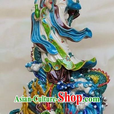Chinese Kwan Yin Figurine Guan Yin with Dragon Statue Shiwan Ceramic Blue Avalokitesvara Sculpture
