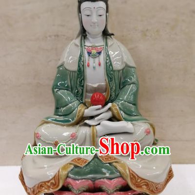 Chinese Shiwan Ceramic Sculpture Figurine Green Dress Guan Yin Statue