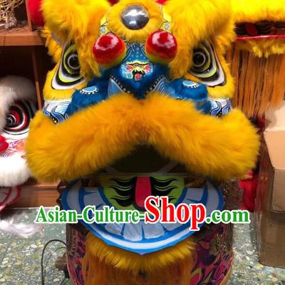 Top Handmade Light Gold Wool Hok San Lion Chinese Performance and Competition Blue Lion Dance Costumes