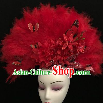 Chinese Cheongsam Catwalk Headwear Stage Performance Crown Handmade Red Feather Headdress