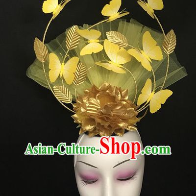Handmade Cheongsam Catwalk Headwear Stage Performance Golden Peony Crown Butterfly Headdress