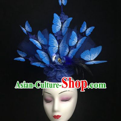 Chinese Handmade Stage Show Headdress Model Contest Crown Catwalks Blue Butterfly Headpiece