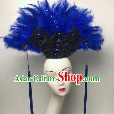 Chinese Handmade Stage Show Headdress Model Contest Deluxe Crown Catwalks Blue Feather Headpiece
